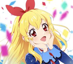 Rule 34 | 1girl, :d, aikatsu!, aikatsu! (series), blonde hair, blue jacket, blush, bow, commentary request, hair bow, hairband, hands on own face, highres, hoshimiya ichigo, jacket, long hair, long sleeves, looking at viewer, neck ribbon, open mouth, payacoxx, red eyes, red hairband, red ribbon, ribbon, school uniform, smile, solo, starlight academy school uniform, upper body