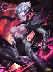 Rule 34 | 1girl, alternate costume, alternate hair color, alternate hairstyle, armor, bodysuit, breast cutout, breasts, citemer, cyborg, fiora (league of legends), grey hair, league of legends, looking at viewer, power armor, solo