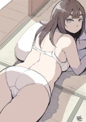Rule 34 | 1girl, absurdres, ass, back, bare arms, bra, brown eyes, brown hair, commentary request, dated, hadashi no kenji, highres, long hair, looking at viewer, lying, on stomach, original, panties, pillow, shoulder blades, signature, solo, tatami, thighs, underwear, underwear only, white bra, white panties