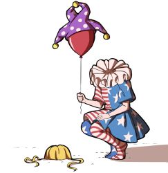 Rule 34 | 1girl, american flag dress, american flag legwear, balloon, blonde hair, clownpiece, commentary, disembodied head, english commentary, hat, holding, holding balloon, it (stephen king), jester cap, mefomefo, neck ruff, pantyhose, parody, polka dot, purple hat, shadow, short sleeves, simple background, solo, squatting, tiptoes, touhou, white background