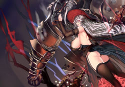 Rule 34 | 10s, 1girl, arm belt, arm up, armor, ass, back, bare shoulders, belt, black panties, black thighhighs, breasts, cape, creature, detached sleeves, dress, dutch angle, from side, full armor, garter straps, glowing, glowing eye, granblue fantasy, hair between eyes, hat, highres, holding, holding staff, huge breasts, long hair, magic circle, magisa (granblue fantasy), morax (granblue fantasy), panties, pantyshot, parted lips, profile, red eyes, red hat, side slit, silver hair, solo, staff, standing, tahnya, thighhighs, underwear, very long hair, weapon, witch hat