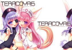 Rule 34 | 2girls, :d, absurdres, ahoge, animal ears, asymmetrical legwear, black vs white, blunt bangs, blush, bottomless, buttons, cover, curly hair, elin, eyepatch, fox ears, fox tail, groin, hat, highres, hlz, holding, long hair, looking at viewer, multiple girls, nurse, nurse cap, one eye closed, open mouth, pink hair, purple eyes, purple hair, rabbit ears, rabbit tail, short sleeves, sitting, smile, stethoscope, syringe, tail, tera online, thigh strap, thighhighs, uneven legwear, very long hair, white legwear