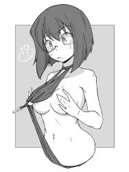 Rule 34 | !?, 1girl, :o, absurdres, blush, bob cut, breasts, commentary, covering privates, covering breasts, cropped torso, girls und panzer, greyscale, halterneck, highres, hook, kawashima momo, medium breasts, monochrome, monocle, navel, one-piece swimsuit, open mouth, out of frame, outside border, renshiu, semi-rimless eyewear, short hair, solo, spoken interrobang, standing, sweatdrop, swimsuit, under-rim eyewear, wardrobe malfunction