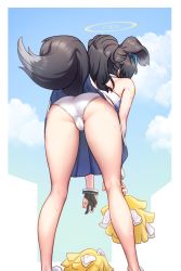 Rule 34 | 1girl, animal ears, ass, bare shoulders, bent over, black hair, blue archive, cameltoe, cheerleader, dog ears, dog girl, dog tail, from behind, gloves, greenteamousou, halo, hibiki (blue archive), hibiki (cheer squad) (blue archive), highres, long hair, millennium cheerleader outfit (blue archive), outdoors, panties, partially fingerless gloves, pom pom (cheerleading), skirt, solo, sweat, tail, tail raised, underwear, white panties