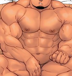 Rule 34 | 2boys, abs, bara, bare pectorals, covering privates, covering crotch, crossed legs, feet out of frame, large pectorals, male focus, multiple boys, muscular, navel, nipples, nude, original, pectorals, shiny skin, solo focus, terujirou (masateruteru), thighs, veins