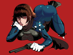 Rule 34 | 1girl, all fours, annoyed, ass, biker clothes, bodysuit, braid, breast press, breasts, brown hair, closed mouth, corset, crown braid, elbow rest, feet up, full body, gloves, gun, hand on own cheek, hand on own face, hand up, handgun, head rest, high heels, highres, holding, holding gun, holding weapon, lips, long sleeves, looking at viewer, mia wallace, niijima makoto, parody, persona, persona 5, pulp fiction, red background, red eyes, revolver, short hair, shoulder spikes, simple background, solo, spikes, tina fate, top-down bottom-up, v-shaped eyebrows, weapon