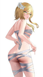 Rule 34 | 1girl, absurdres, ass, bandaged leg, bandages, bare shoulders, between buttocks, blonde hair, butt crack, commentary request, cowboy shot, flower, genshin impact, hair flower, hair ornament, highres, long hair, looking at viewer, lumine (genshin impact), naked bandage, parted lips, sarashi, solo, standing, thighs, undone sarashi, white flower, yami (rear4742), yellow eyes