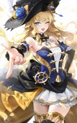 Rule 34 | 1girl, 1i1, absurdres, armpits, bare shoulders, black hat, blonde hair, blue eyes, blue gemstone, bodice, commentary, detached collar, dress, drill hair, drill sidelocks, elbow gloves, fingernails, flower, frilled skirt, frills, gem, genshin impact, gloves, gold trim, hand on own hip, hat, hat feather, hat flower, highres, lace-trimmed collar, lace trim, layered dress, layered skirt, long hair, looking at viewer, mixed-language commentary, navia (genshin impact), one eye closed, open mouth, pointing, pointing at viewer, rose, sidelocks, simple background, single elbow glove, skirt, sleeveless, smile, solo, strapless, strapless dress, white background, white skirt, yellow flower, yellow rose