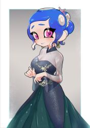 Rule 34 | 1girl, black dress, blue hair, border, breasts, cleavage, closed mouth, doro mizu 831, dress, earrings, eyelashes, green dress, grey background, highres, jewelry, nintendo, octoling, octoling girl, octoling player character, outside border, pink eyes, ponytail, short hair, solo, splatoon (series), standing, strapless, strapless dress, tentacle hair, two-tone dress, white border, wide sleeves