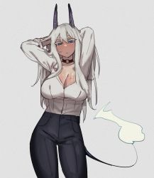 Rule 34 | 1girl, arms behind head, arms up, black choker, black horns, black pants, blue eyes, blush, breasts, bright pupils, choker, cleavage, closed mouth, collarbone, collared shirt, cowboy shot, fire, flame-tipped tail, gompang 11, hair between eyes, hands in hair, highres, horns, light frown, long hair, long sleeves, looking at viewer, original, pants, partially unbuttoned, shirt, shirt tucked in, simple background, pants, solo, tail, very long hair, white background, white hair, white shirt