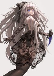 Rule 34 | 1girl, ass, bad id, bad pixiv id, bare shoulders, black bow, black ribbon, black thighhighs, blue eyes, bow, floral print, garter straps, gradient background, grey hair, hair bow, highres, holding, holding knife, holding weapon, knife, lingerie, long hair, open mouth, original, osobachan, ribbon, see-through, solo, thighhighs, underwear, weapon