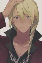 Rule 34 | 1boy, absurdres, ace attorney, arm up, black shirt, blonde hair, blue eyes, chain, chain necklace, closed mouth, collared shirt, drill hair, earrings, eyes visible through hair, hair between eyes, hand on own head, highres, hiyona, jacket, jewelry, klavier gavin, lapels, long sleeves, looking at viewer, male focus, medium hair, necklace, open collar, popped collar, portrait, purple jacket, shirt, simple background, single earring, smile, solo, white background