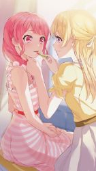 Rule 34 | 2girls, absurdres, applying makeup, bang dream!, blonde hair, blurry, blurry background, blush, cosmetics, cowboy shot, dress, frilled dress, frilled straps, frills, from behind, hair ribbon, half updo, hand on another&#039;s chin, hands on own thighs, highres, indoors, leaning forward, lips, lipstick, lipstick tube, long hair, looking at another, makeup, maruyama aya, medium hair, mochipuyo, multiple girls, official art, open mouth, own hands together, pink eyes, pink hair, puffy short sleeves, puffy sleeves, purple eyes, ribbon, shirasagi chisato, shirt, short sleeves, sidelocks, sitting, skirt, sleeveless, sleeveless dress, smile, striped clothes, striped dress, sunlight, white ribbon, white skirt, yellow shirt