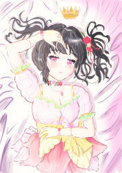 Rule 34 | 1girl, absurdres, artist name, artist request, bed, black hair, blush, bow, bracelet, breasts, cleavage, collarbone, crown, diamond (gemstone), dress, female focus, flower, flower bracelet, flower necklace, frilled dress, frilled skirt, frills, gloves, hair between eyes, hair bow, hair flower, hair ornament, hair ribbon, hand on head, highres, jewelry, leaf hair ornament, long hair, looking at viewer, love live!, love live! school idol festival, love live! school idol project, medium breasts, mini crown, miniskirt, multicolored clothes, multicolored skirt, necklace, on bed, parted lips, pearl bracelet, pink flower, pink skirt, plaid, plaid dress, plaid skirt, pleated, pleated dress, pleated skirt, puffy short sleeves, puffy sleeves, red eyes, red flower, red ribbon, red skirt, ribbon, short hair, short sleeves, short twintails, skirt, smile, solo, twintails, white dress, white flower, white gloves, yazawa nico, yellow bow, yellow gloves, yellow skirt