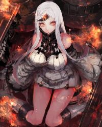 Rule 34 | 10s, 1girl, abyssal ship, bad id, bad twitter id, bare shoulders, boots, breasts, detached sleeves, dress, fire, horns, kantai collection, large breasts, long hair, orange eyes, pale skin, ribbed dress, ribbed sweater, ringed eyes, seaport princess, short dress, sideboob, single horn, sitting, solo, sweater, sweater dress, thighs, wariza, white hair, yellow eyes, yukisame