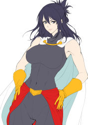Rule 34 | 1girl, absurdres, bare shoulders, bodysuit, boku no hero academia, breasts, cape, closed mouth, covered collarbone, covered navel, folded hair, gloves, grey bodysuit, grey eyes, hair between eyes, half updo, hand on own hip, hands on own hips, high collar, highres, large breasts, long hair, mole, mole under mouth, pink lips, shimura nana, skin tight, sleeveless, sleeveless bodysuit, smile, solo, superhero costume, white background, white cape, yellow gloves, zucchini