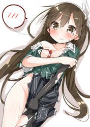 Rule 34 | 10s, 1girl, :&lt;, bad id, bad pixiv id, between breasts, black gloves, blush, bow, bowtie, breasts, brown eyes, brown hair, covering privates, covering crotch, elbow gloves, gloves, hair ribbon, kantai collection, long hair, no panties, pelvic curtain, ribbon, shiina 2265, short sleeves, single glove, single thighhigh, solo, spoken blush, tears, thighhighs, tone (kancolle), tone kai ni (kancolle), torn clothes, torn thighhighs, tousaki shiina, twintails, wavy mouth