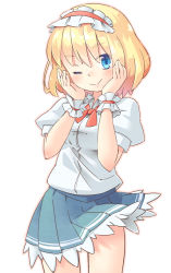 Rule 34 | 1girl, adapted costume, alice margatroid, arnest, blonde hair, blue eyes, blue skirt, blush, closed mouth, cowboy shot, frilled hairband, frills, hairband, hand on own face, hands up, looking at viewer, medium hair, miniskirt, neck ribbon, one eye closed, puffy short sleeves, puffy sleeves, red hairband, red ribbon, ribbon, shirt, short sleeves, simple background, skirt, smile, solo, touhou, white background, white shirt, wrist cuffs
