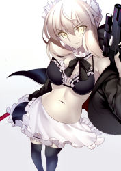 Rule 34 | 1girl, apron, artoria pendragon (all), artoria pendragon (alter swimsuit rider) (second ascension) (fate), artoria pendragon (fate), bare shoulders, blonde hair, bra, fate/grand order, fate (series), frilled bra, frills, from above, gun, highres, looking up, maid headdress, navel, pale skin, paperfinger, saber alter, scope, solo, thighhighs, underwear, weapon, yellow eyes, zettai ryouiki