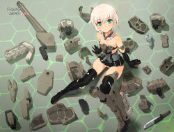 Rule 34 | 10s, 1girl, armor, bare shoulders, black gloves, blue eyes, blush, copyright name, elbow gloves, frame arms girl, from above, gloves, gourai, looking at viewer, looking up, mecha musume, panties, pantyshot, short hair, silver hair, smile, solo, thighhighs, underwear, yd (orange maru)