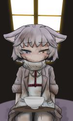 Rule 34 | 1girl, absurdres, animal ears, arms behind back, blue eyes, closed mouth, commentary request, crystal, cup, dirty, dirty clothes, dirty face, dog (mixed breed) (kemono friends), dog ears, ears down, elbow gloves, furrowed brow, gloves, grey hair, half-closed eyes, harness, heterochromia, highres, indoors, jacket, kemono friends, looking down, onaji (sokudo seigen), open clothes, open jacket, pantyhose, pocket, scratches, short hair, short sleeves, sitting, skirt, smile, solo, sweater, tray, turtleneck, window, yellow eyes