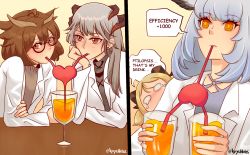 Rule 34 | 4girls, arknights, black-framed eyewear, blonde hair, blush, brown eyes, brown hair, brown shirt, commentary, crazy straw, cup, drinking, drinking straw, earrings, english commentary, feathered wings, glasses, grey hair, grey shirt, grey wings, hair between eyes, head wings, heart straw, highres, holding, holding cup, horns, ifrit (arknights), jewelry, kirie kyrye, lab coat, multiple girls, open clothes, orange eyes, ptilopsis (arknights), red eyes, saria (arknights), semi-rimless eyewear, shared drink, shirt, silence (arknights), stud earrings, table, tears, twitter username, under-rim eyewear, wings, yuri