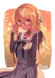 Rule 34 | 1girl, :t, artist name, bad id, bad pixiv id, black bow, black choker, black jacket, blonde hair, bow, braid, breasts, choker, closed mouth, collarbone, commentary request, dark-skinned female, dark skin, dress, female focus, glasses, grey dress, hair between eyes, hands up, highres, hololive, jacket, long hair, long sleeves, looking at viewer, manle, multicolored hair, open clothes, open jacket, pinstripe dress, pinstripe pattern, pointy ears, pout, red-framed eyewear, red eyes, sailor collar, sailor dress, semi-rimless eyewear, shiranui flare, shiranui flare (street), signature, sleeves past wrists, small breasts, solo, streaked hair, striped clothes, striped dress, under-rim eyewear, v-shaped eyebrows, vertical-striped clothes, vertical-striped dress, very long hair, virtual youtuber, white hair, white sailor collar