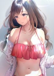 Rule 34 | 1girl, arm behind head, bare shoulders, bikini, blush, braid, breasts, brown hair, cleavage, collarbone, commentary request, idolmaster, idolmaster shiny colors, large breasts, long hair, long sleeves, open clothes, open shirt, parted lips, pink bikini, pink eyes, shirt, smile, solo, swimsuit, takeashiro, tsukioka kogane, twin braids, undressing, upper body, white shirt