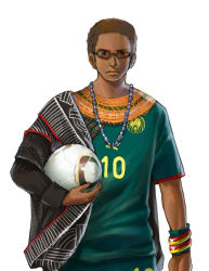 Rule 34 | 1boy, 2010 fifa world cup, alternate costume, axis powers hetalia, ball, bangle, bracelet, brown eyes, brown hair, cameroon (hetalia), clothes writing, dark-skinned male, dark skin, glasses, jabulani, jersey, jewelry, male focus, necklace, scar, sherry lai, soccer, soccer ball, solo, sportswear, traditional clothes, uniform, world cup, wristband