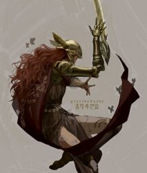 Rule 34 | 1girl, amputee, armor, bug, butterfly, cape, covered eyes, elden ring, gold armor, gravitydusty, grey background, hand wraps, helmet, helmet over eyes, highres, insect, long hair, malenia blade of miquella, prosthesis, prosthetic arm, prosthetic leg, red cape, red hair, simple background, solo, sword, triple amputee, weapon, winged helmet