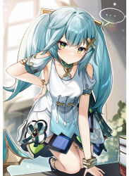Rule 34 | ..., 1girl, absurdres, aqua hair, book, book stack, bracelet, closed mouth, clothing cutout, commentary request, cowlick, dress, faruzan (genshin impact), foot out of frame, genshin impact, green eyes, guzangnanfeng, hair ornament, hand on own hip, highres, indoors, jewelry, lamp, long hair, looking at viewer, plant, shoulder cutout, solo, spoken ellipsis, symbol-shaped pupils, table, triangle-shaped pupils, twintails, white dress, window, x hair ornament