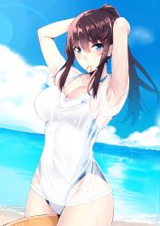 Rule 34 | 1girl, arms up, beach, blue eyes, blue sky, breasts, brown hair, cleavage, cloud, collarbone, commentary request, competition swimsuit, cowboy shot, day, highres, holding, holding hair, horizon, innertube, kaerunoashi, large breasts, lens flare, long hair, looking at viewer, mouth hold, ocean, one-piece swimsuit, original, outdoors, ponytail, rubber band, shirt, sky, solo, swim ring, swimsuit, t-shirt, wet, wet clothes, wet shirt, white one-piece swimsuit, white shirt