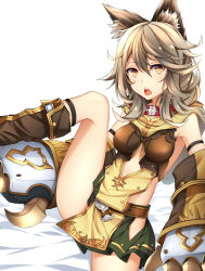 Rule 34 | 10s, 1girl, :o, animal ears, belt, blush, boots, brown footwear, center opening, chestnut mouth, choker, claws, collar, erune, gauntlets, gloves, granblue fantasy, green skirt, grey hair, healther, hip vent, knee boots, leaning back, leg up, looking at viewer, miniskirt, open mouth, pleated skirt, round teeth, sen (granblue fantasy), side slit, simple background, skindentation, skirt, solo, teeth, thighs, white background, yellow eyes