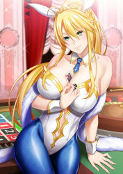 Rule 34 | 1girl, animal ears, artoria pendragon (all), artoria pendragon (fate), artoria pendragon (swimsuit ruler) (fate), blonde hair, blue necktie, blue pantyhose, braid, breasts, card, cleavage, closed mouth, clothing cutout, collarbone, detached collar, fake animal ears, fate/grand order, fate (series), feather boa, fishnet pantyhose, fishnets, french braid, green eyes, highleg, highleg leotard, highres, large breasts, leotard, long hair, looking at viewer, navel, navel cutout, necktie, pantyhose, playboy bunny, playing card, ponytail, rabbit ears, sidelocks, sitting, smile, solo, thighs, tiara, white leotard, wrist cuffs, zaregoto tsukai no deshi