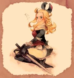 Rule 34 | 1girl, atae, blonde hair, bravely default: flying fairy, bravely default (series), edea lee, gloves, green eyes, long hair, pantyhose, pout, ribbon, sepia, solo, sword, weapon