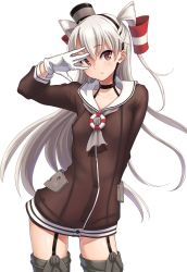 Rule 34 | 10s, 1girl, amatsukaze (kancolle), arm up, aya shachou, blush, breasts, brown eyes, dress, garter straps, highres, kantai collection, long hair, looking at viewer, personification, sailor dress, school uniform, see-through, serafuku, short dress, silver hair, small breasts, solo, thighhighs, twintails, two side up, zettai ryouiki