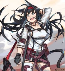 Rule 34 | 1girl, animal ears, arknights, armpits, belt, belt pouch, black gloves, black hair, blaze (arknights), cat ears, cat girl, cat tail, collarbone, commentary, cowboy shot, dust cloud, fingerless gloves, floating hair, gloves, graysheartart, grey eyes, hairband, highres, id card, jacket, long hair, long sleeves, looking away, open mouth, pouch, red hairband, shirt, shoulder strap, single thighhigh, sleeveless, sleeveless shirt, smile, solo, tail, thigh strap, thighhighs, twitter username, upper body, white jacket, white shirt, white thighhighs