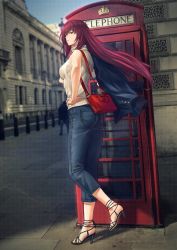 Rule 34 | 1girl, casual, commentary request, contemporary, denim, english text, fate/grand order, fate (series), from side, full body, hand on own hip, high heels, highres, jacket, jacket over shoulder, unworn jacket, jeans, london, long hair, looking at viewer, mugetsu2501, outdoors, pants, phone booth, photo background, purple eyes, purple hair, scathach (fate), sleeveless, sleeveless turtleneck, standing, sweater, turtleneck, turtleneck sweater