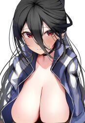 Rule 34 | 1girl, bad id, bad twitter id, black choker, black hair, blue archive, blush, breasts, breasts out, choker, hair between eyes, hasumi (blue archive), hasumi (track) (blue archive), jacket, large breasts, long hair, looking at viewer, mole, mole under eye, nidaime (doronbo), no bra, official alternate costume, red eyes, smile, track jacket, unzipped