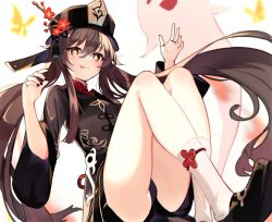 Rule 34 | 1girl, :p, black hat, black shorts, chinese clothes, full body, genshin impact, ghost, ghost tail, hat, highres, hu tao (genshin impact), jewelry, legs, long hair, looking at viewer, lumo 1121, nail polish, ring, shoes, short shorts, shorts, simple background, sitting, smile, socks, solo, symbol-shaped pupils, thighs, tongue, tongue out, top hat, twintails, very long hair, white background, wide sleeves