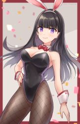Rule 34 | 1girl, animal ears, black hair, black leotard, black pantyhose, bow, bowtie, breasts, cleavage, commentary request, contrapposto, cowboy shot, detached collar, fake animal ears, highres, large breasts, leotard, long hair, looking at viewer, midori miyako, original, pantyhose, playboy bunny, purple eyes, rabbit ears, rabbit girl, red bow, red bowtie, smile, solo, standing, strapless, strapless leotard, wrist cuffs