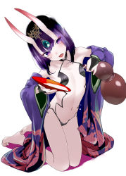 Rule 34 | 1girl, bare legs, bare shoulders, barefoot, breasts, cup, fate/grand order, fate (series), forehead jewel, full body, gourd, head tilt, holding, horns, japanese clothes, kimono, kneeling, looking at viewer, mochi (circle rin), navel, purple eyes, purple hair, purple kimono, sakazuki, shuten douji (fate), shuten douji (first ascension) (fate), simple background, skin-covered horns, small breasts, solo, white background