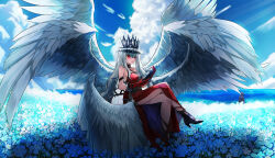 1girl 1other absurdres angel_wings arknights bare_shoulders black_coat breasts cleavage coat crown doctor_(arknights) dress feathered_wings field flower flower_field fur-trimmed_gloves fur_trim gloves grey_hair hair_between_eyes highres holding hood hooded_coat jewelry long_hair multiple_wings official_alternate_costume parted_lips red_dress red_eyes red_gloves sitting skadi_(arknights) skadi_the_corrupting_heart_(arknights) skadi_the_corrupting_heart_(red_countess)_(arknights) sleeveless sleeveless_dress solo_focus very_long_hair wide_shot wings yi_ke_bo_he_tang