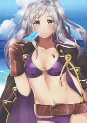 Rule 34 | 1girl, belt, bikini, blue sky, brown eyes, brown gloves, closed mouth, cloud, day, fire emblem, fire emblem awakening, fire emblem heroes, food, gloves, highres, jewelry, long hair, maji (majibomber), necklace, nintendo, outdoors, popsicle, robin (female) (fire emblem), robin (fire emblem), sky, smile, solo, swimsuit, twintails, water, white hair