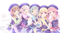 Rule 34 | 5girls, :d, ;d, absurdres, alternate hairstyle, aqua hair, back bow, bad id, bad pixiv id, bang dream!, beret, blonde hair, blue bow, blue dress, blue eyes, blue headwear, blue ribbon, blue shirt, blush, bow, brown hair, cosplay, dress, earrings, flower, frilled sleeves, frills, gochuumon wa usagi desu ka?, green eyes, green ribbon, green shirt, group name, hair bow, hair ornament, hands on another&#039;s shoulders, hands on another&#039;s waist, hat, hat flower, heart, heart of string, highres, hikawa hina, jewelry, kkuukan, long hair, long sleeves, low twintails, maruyama aya, multiple girls, neck ribbon, one eye closed, open mouth, pastel palettes (bang dream!), pinafore dress, pink eyes, pink hair, pink neckwear, pink shirt, pom pom (clothes), purple eyes, purple ribbon, purple shirt, rabbit earrings, red ribbon, ribbon, shirasagi chisato, shirt, short sleeves, sleeveless, sleeveless dress, smile, song name, striped bow, striped ribbon, twintails, wakamiya eve, white background, white hair, wrist cuffs, x hair ornament, yamato maya, yellow eyes, yellow ribbon, yellow shirt