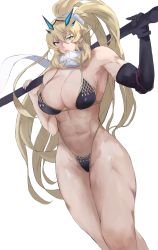 Rule 34 | 1girl, absurdres, axe, bare shoulders, battle axe, blonde hair, breasts, barghest (fate), fairy knight gawain (ice warrior) (fate), fate/grand order, fate (series), gauntlets, green eyes, heterochromia, highres, horns, large breasts, long hair, looking at viewer, memory342, muscular, muscular female, red eyes, scarf, simple background, single gauntlet, solo, thighs, weapon, white scarf