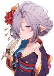 Rule 34 | 1girl, breasts, flower, granblue fantasy, hair flower, hair ornament, hair over one eye, hairpin, hand fan, harvin, hot, iwao (pixiv258710), japanese clothes, kimono, niyon (granblue fantasy), pointy ears, purple eyes, purple hair, small breasts, solo, sweat, white background, wide sleeves, yukata