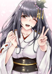 Rule 34 | 1girl, aga marino, black hair, blush, breasts, brown eyes, collarbone, detached sleeves, fusou (kancolle), hair ornament, headgear, japanese clothes, kantai collection, long hair, looking at viewer, nontraditional miko, nose blush, one eye closed, open mouth, pink background, solo, sparkle, v, wide sleeves
