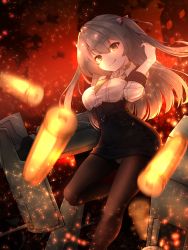 Rule 34 | 1girl, :p, absurdres, ash arms, black pantyhose, blurry, blurry foreground, breasts, bullet, cloud, fire, grey eyes, grey hair, hair between eyes, highres, long hair, looking at viewer, panties, pantyhose, pantyshot, panzer ii (ash arms), solo, tongue, tongue out, underwear, uniform