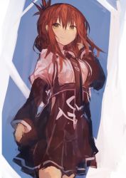 Rule 34 | 1girl, absurdres, aged up, alternate costume, arm at side, breasts, brown hair, commentary, cowboy shot, folded ponytail, hair between eyes, hair flip, high-waist skirt, highres, inazuma (kancolle), kaamin (mariarose753), kantai collection, light smile, long sleeves, looking at viewer, medium breasts, necktie, sidelocks, skirt, solo, wing collar, yellow eyes